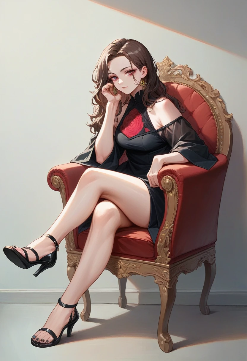 A beautiful 20 year nepali model with wavy brown hair, wearing a bold and ((violet red geometric suit)). Colorful atmosphere, photo studio, artistic,(( black sandal square heels)) , sitting on a minimalistic chair