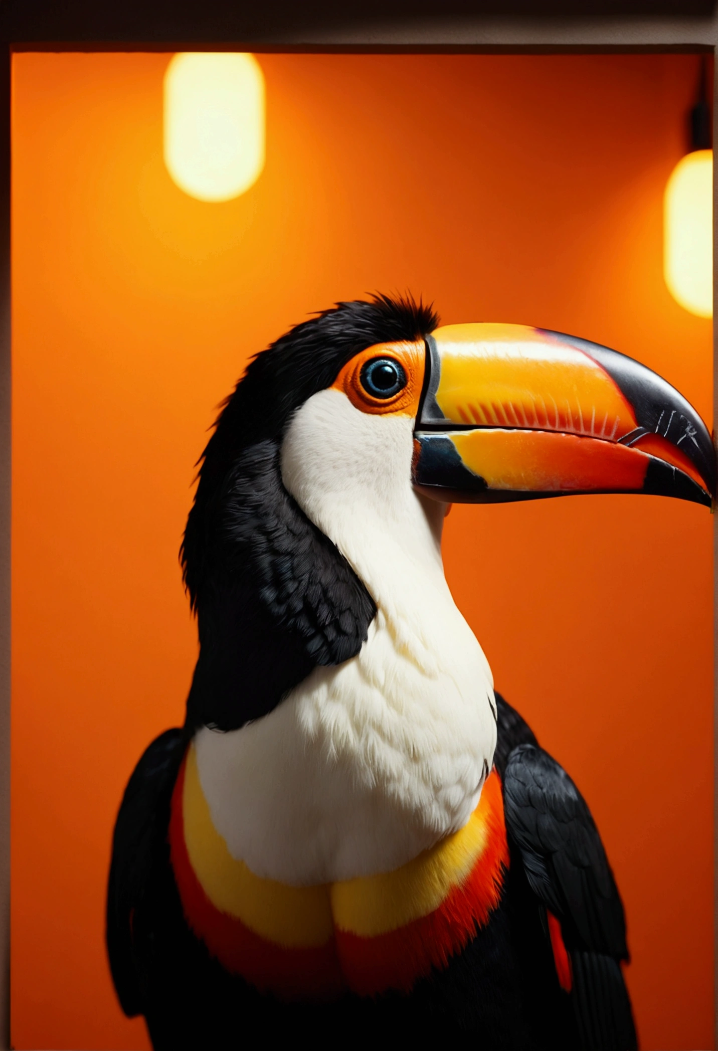 hyper realistic toucan cinema 8k, background orange lights