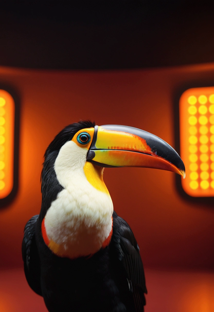 hyper realistic toucan cinema 8k, background orange lights