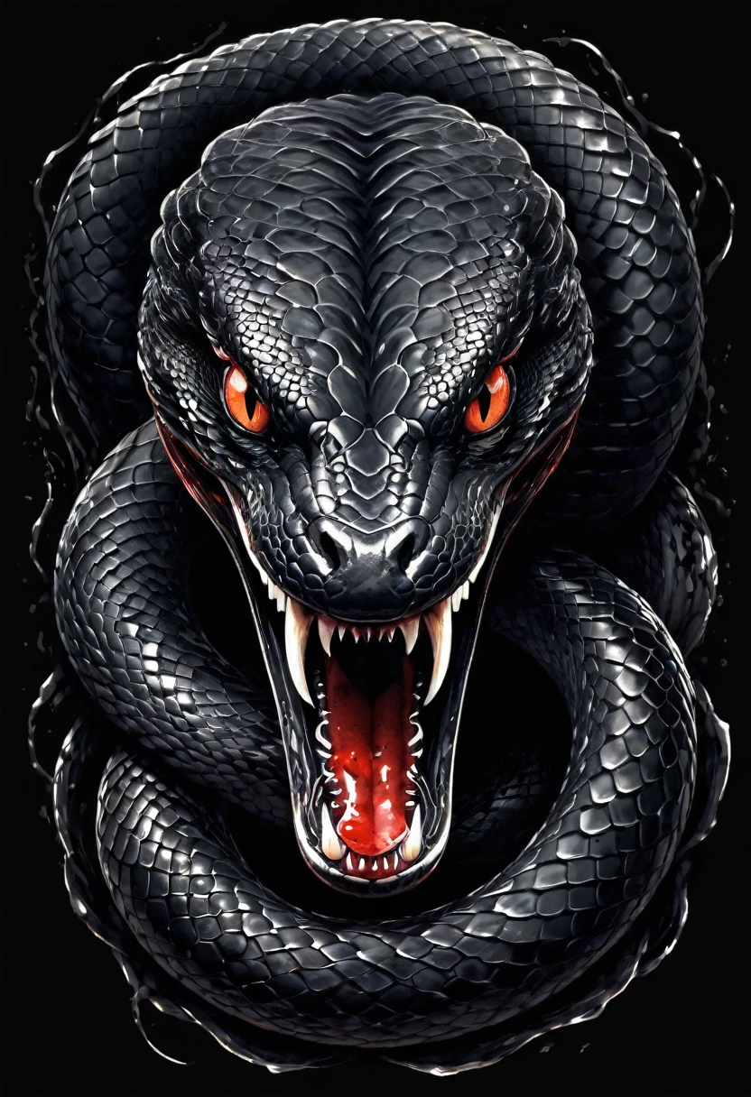 t-shirt design, Design a menacing black t-shirt with a fierce snake motif inspired by heavy metal music aesthetics. The artwork features a sleek, black snake coiled sinuously, its scales glistening in the dim light. The snake's mouth is wide open, revealing rows of razor-sharp teeth dripping with blood, exuding a sense of raw, primal aggression. The background is white and shadowy, enhancing the ominous atmosphere of the design. The snake's eyes gleam with a malevolent glint, capturing the essence of danger and violence. The overall style is bold and intense, embodying the dark and edgy spirit of heavy metal music.