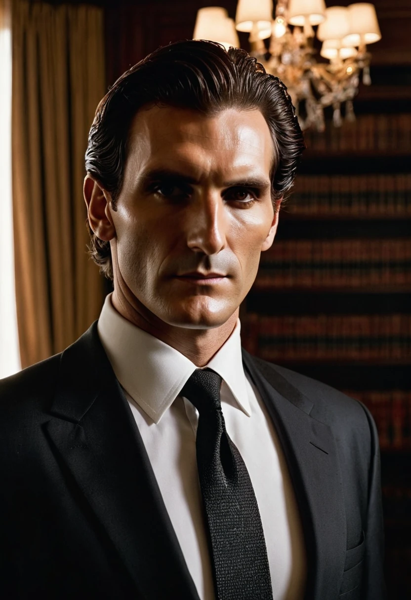 patrick bateman, standing alone, beautiful detailed eyes, {{{work of art}}}, {{{best qualityer}}}, {{ultra detali}}, {illustration}, cinematic angle, {beautiful detailed eyes}, {detailed light},cinematic lighting, A charismatic and elegant mob boss dressed in a tailored black suit, standing up confidently with a slight smile on your face, your straight hair reflecting the ambient light, your piercing eyes revealing power and mystery. Patrick Bateman is surrounded by a dimly lit room with luxurious furniture, including a mahogany table, leather chairs, and shelves full of old books. Sunlight streams through half-closed curtains, casting a subtle glow in the room, while a vintage chandelier illuminates the space with a cozy, golden light. The atmosphere exudes sophistication and danger, creating an aura of respect and fear. fot, Using a high-resolution full-frame camera with a prime lens (50mm), capturing the patrick bateman in sharp focus and emphasizing the details of his appearance and the opulence of the room