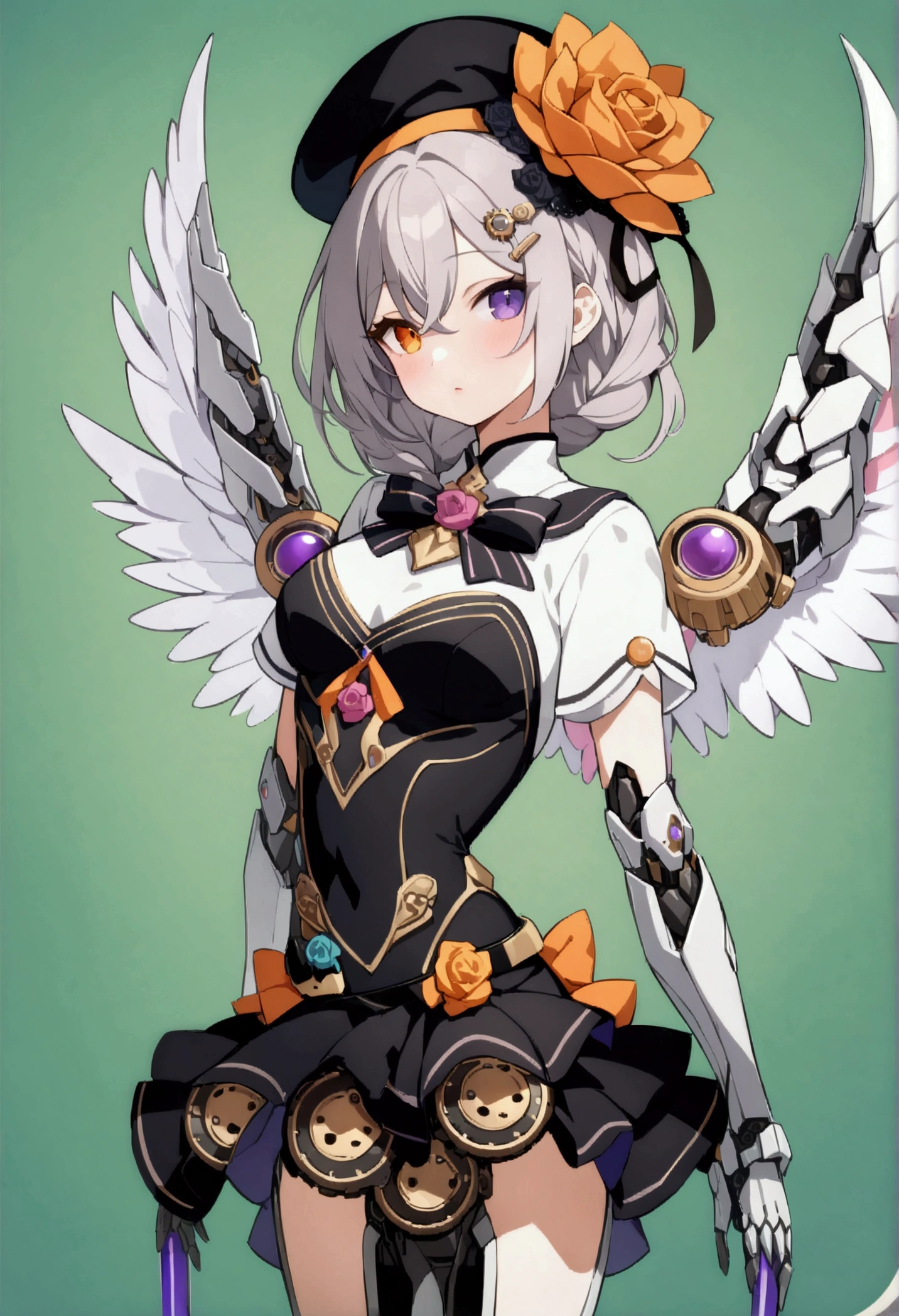woman 160 cm tall, slim build, , charming look, ((heterocromia: look like, derecho naranja y look like izquierdo violeta)), (Shoulder Length Wavy Gray Hair, a short braid on the left side of the hair, big open bangs, golden gear hairpin in hair), (((complex mechanical legs up to the hip, The legs are black with gray parts with small pink details))), (((complex mechanical arms up to the elbows, The arms are black with gray parts with small pink details))), (complex mechanical angel wings of white color with dark gray parts), (elegant black French beret with an orange rose ribbon), (elegant thigh-length one-piece dress, short bell skirt, short sleeves, elegant black hip belt with orange parts, small rose brooch in the middle of the chest, beautiful mechanical stiletto heels, blue and black ribbon decorations on the dress, small gears on the skirt of the dress), (((character design sheet: Front view))), (((Whole body))), extremely detailed beautiful hair, beautiful detailed dress, extremely detailed arms, extremely detailed face, (Extremely detailed hands), perfect hands, small face, hermosos look likes detallados, beautiful detailed lips, adorable, extremely detailed legs, (Best Quality, 8k, Ultra resolution), ultra detailed, Exquisite and epic character art, ((Pastel green background)), (Focus on symmetry), (extremely detailed wings).