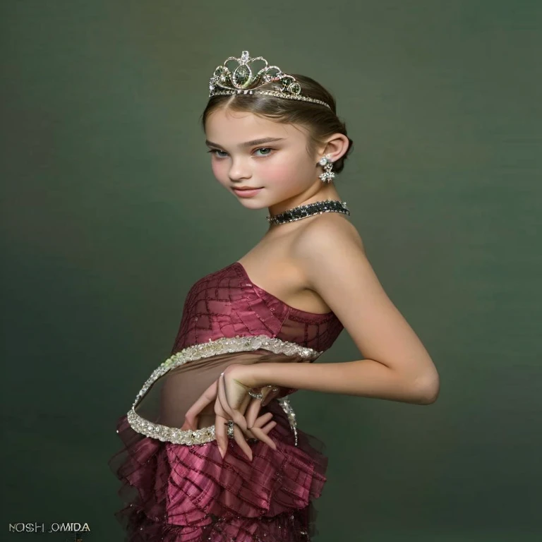 a close up of a ten girl wearing a tiara and a dress, posing in leotard and tiara, 11gorgeous young model, 12 years old, Sasha Putrya, royal elegant pose, beautiful and graceful, portrait sophie mudd, portrait of modern darna, she is about 13 years old, elegant glam