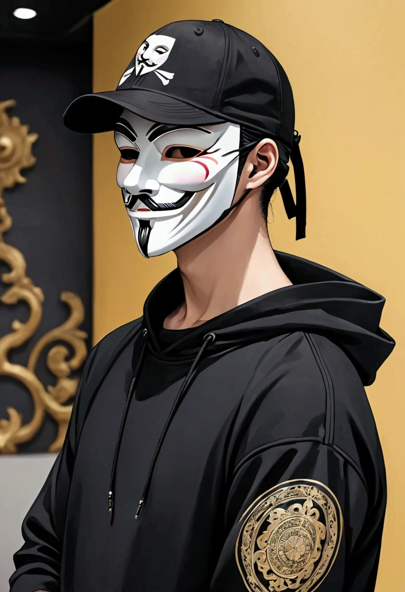 man in black blouse and cap, anonymous, anonymous mask, black blouse and cap, sweatshirt