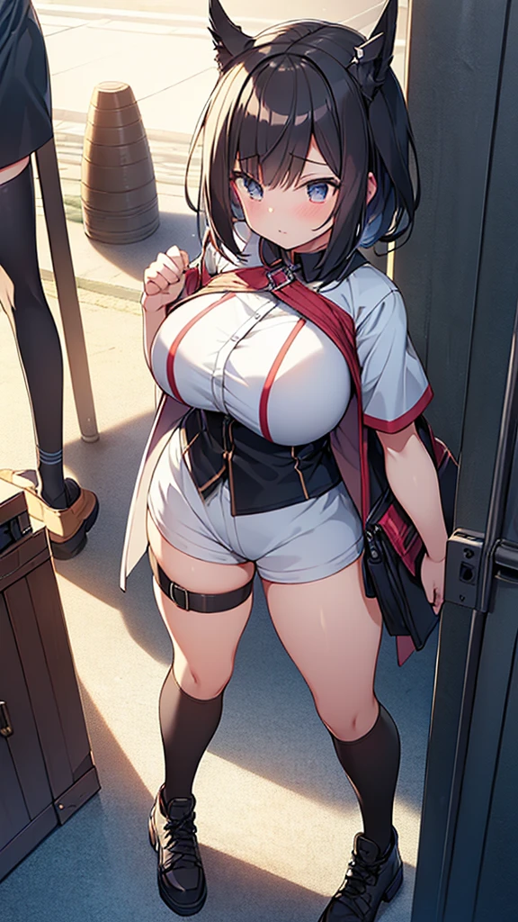 Full body image, front, One girl, 18-year-old, Mix 4, (32K, RAW Photos, Highest quality, masterpiece:1.2), (Anime-like, photoAnime-like:1.37), cute, Short sleeve T-shirt,Shorts,Black knee socks, night, rain, Humidity, Professional Lighting, Photon Mapping, Radio City, Physically Based Rendering, Super Resolution, (Big Breasts:1.2), {{The biological weapon that had preyed on the younger sister took her place and reunited with the older brother, The rebellious little sister has become the obedient little sister}}, Girl Skull, whole body, NSFW