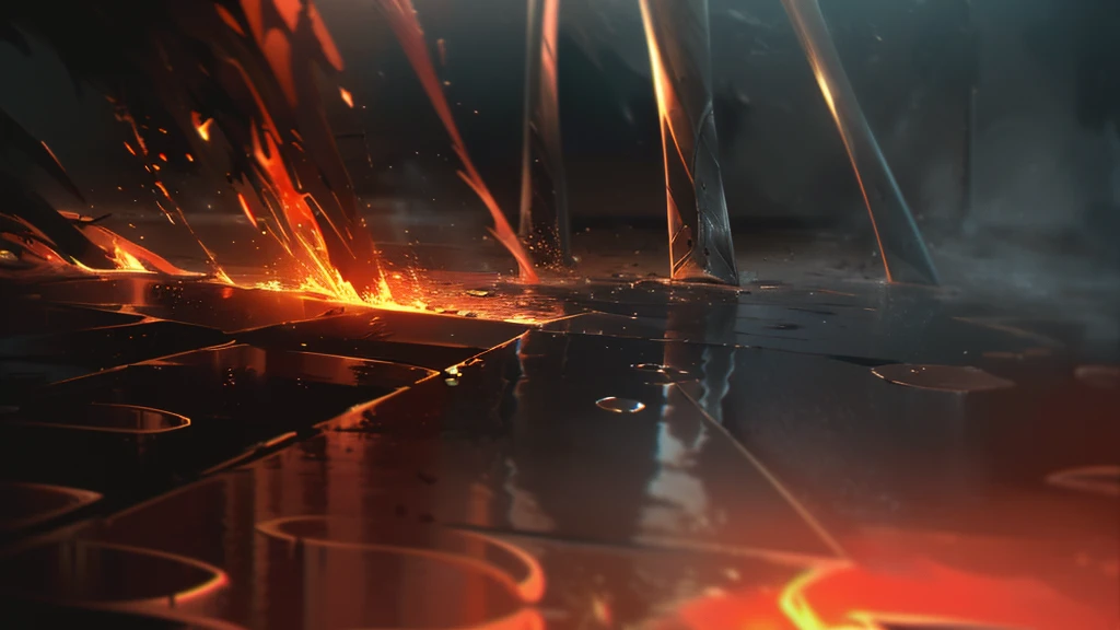 a close-up shot of a puddle of water reflecting a medieval war with fire, rpg style, 4k cinematic flame trailer film, highly detailed, dramatic lighting, realistic medieval weapons and armor, intense battle scene, fiery explosions, glowing embers, moody color palette, volumetric fog, dynamic camera angles, cinematic composition