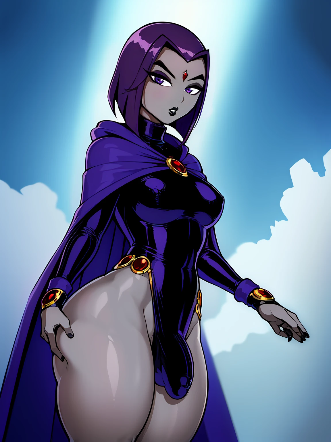 (solo:1.1),(masterpiece), (best quality:1.3), ultra detailed, intricate, professional art, digital art, absurdres, shadraven, (Full body view:1.1), 1girl, solo, (grey skin:1.4), dark purple hair, bob hair, purple eyes, hips wider than shoulders, pear shaped body, jewellery, detailed thighs, thick thighs, red jewel in forehead, jewels, (long sleeved turtleneck leotard:1.3), cuffs, small breasts, (shadraven cloak), (Shadraven broach:1.2), Shadraven jewel belt, Shadraven wearing a long sleeved leotard outside at night, long legs, ( long crotch bulge:1.4), large penis, large testicles, side view, looking at viewer, bubble butt , gluteal crease, universal lighting,,