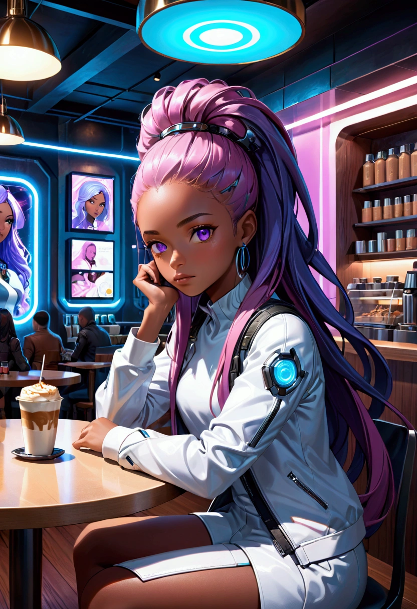 a futuristic girl, dark skin, purple eyes, purple hair, blue hair, pink hair, long hair, sitting in a futuristic coffee shop, detailed face, intricate hairstyle, beautiful detailed eyes, beautiful detailed lips, extremely detailed face and features, high quality, 8k, photorealistic, cinematic lighting, vibrant colors, neon lights, sci-fi, concept art