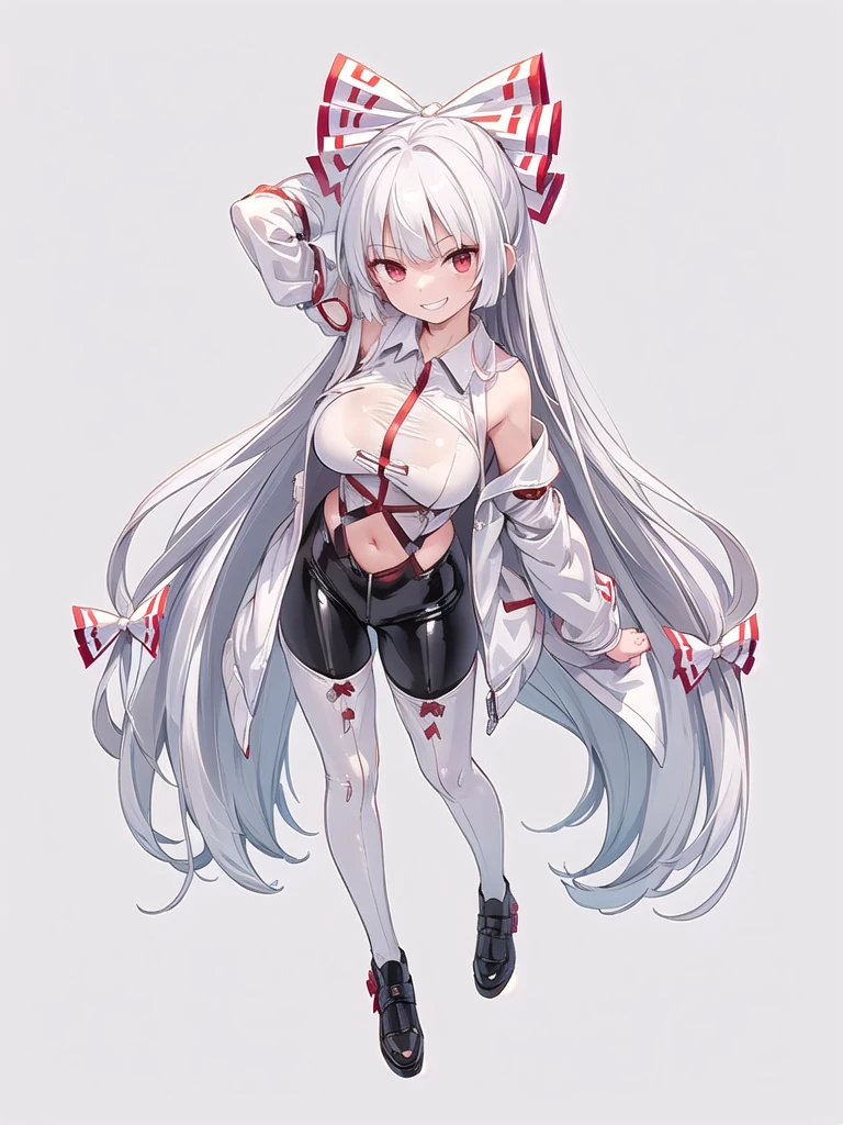 (((one women))),(((fujiwara no mokou))),(touhou),(((red eyes))),(((long hair,white hair,bangs,hime cut)))),(((hair bow, white bow))),(((white leather jacket))),(((red full bodysuit))),((latex)), (shiny clothes:1.2),(((grin))),(((large breasts))),(((full body))),(((arm behind head))),(((model posing))),((((simple white background))),(((Angle from above)))