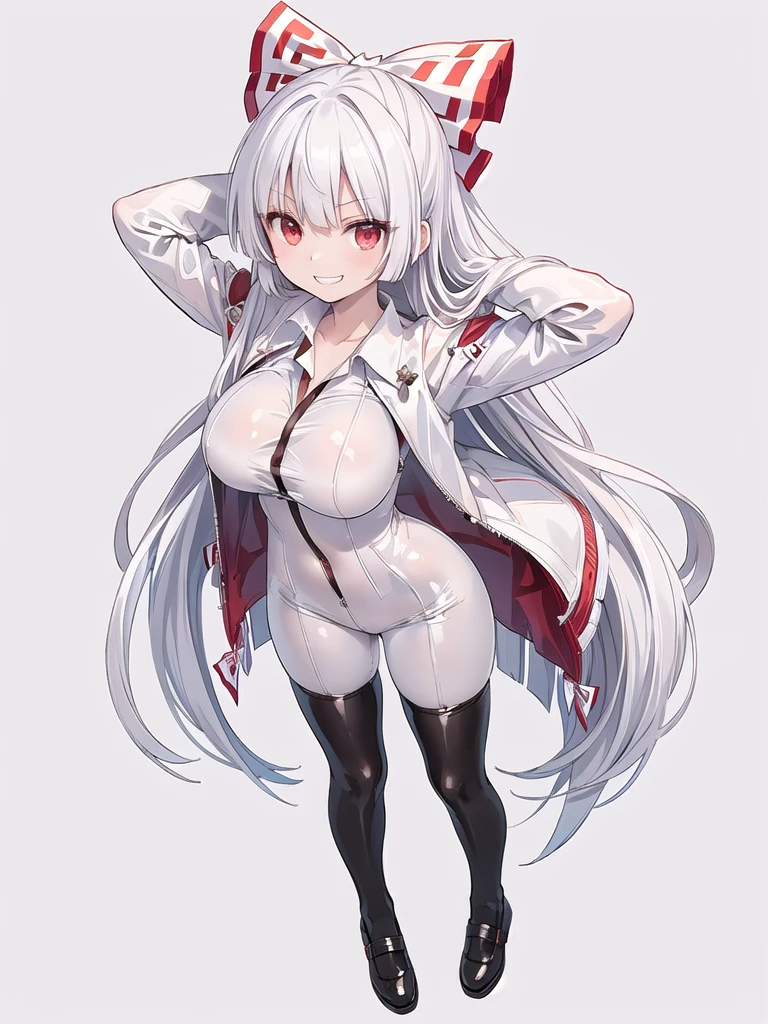 (((one women))),(((fujiwara no mokou))),(touhou),(((red eyes))),(((long hair,white hair,bangs,hime cut)))),(((hair bow, white bow))),(((white leather jacket))),(((red full bodysuit))),((latex)), (shiny clothes:1.2),(((grin))),(((large breasts))),(((full body))),(((arm behind head))),(((model posing))),((((simple white background))),(((Angle from above)))