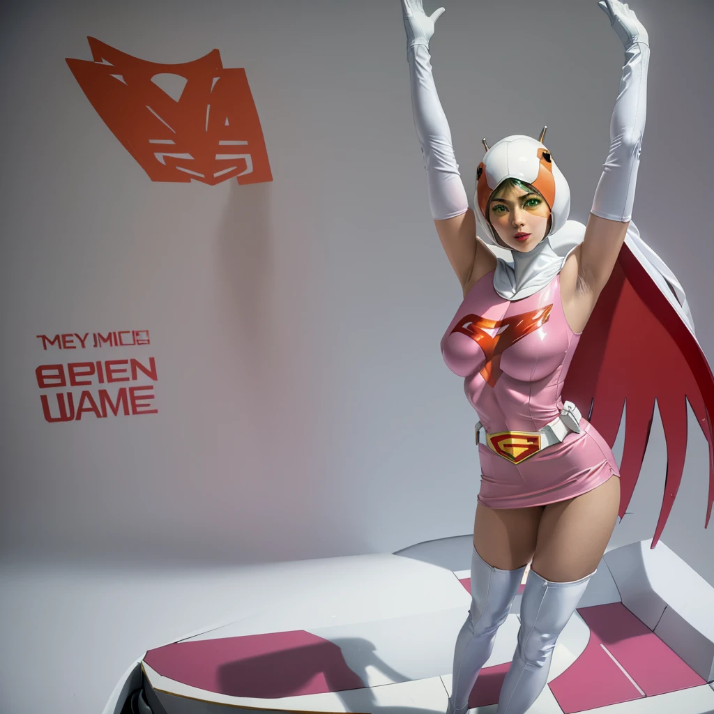 ANI_CLASSIC_jun_gatchaman_ownwaifu,1girl, 15 years old,good anatomy, masterpiece, best quality,realistic, hyperrealistic, 16k hdr,breasts,green eyes,lips,large breasts,lipstick,makeup,gloves,cape,helmet,belt,elbow gloves,white gloves,mask,ultra miniskirt,leotard,spacesuit,white tight overknee highheels boots,pink dress,superhero,bodysuit,cleavage,erected nipples,((standing pose,spread legs, arms up straight)),cameltoe