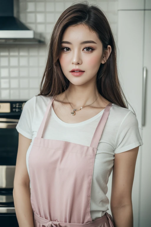 (Best quality, 8k, masterpiece: 1.3), a beautiful woman with perfect figure: 1.4, dark brown hair, wearing a pendant, wearing a pink apron, in the kitchen, highly detailed face and skin, detailed eyes, double eyelids, big breasts, bokeh, praturing2, cowboy_shot)
