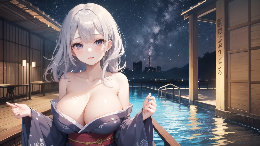 (((masterpiece, best quality))), (((superior quality))), cute girl, ((extremely detailed girl)), ((huge breasts)), yukata, bare shoulders, strapless top, long silver hair, happy