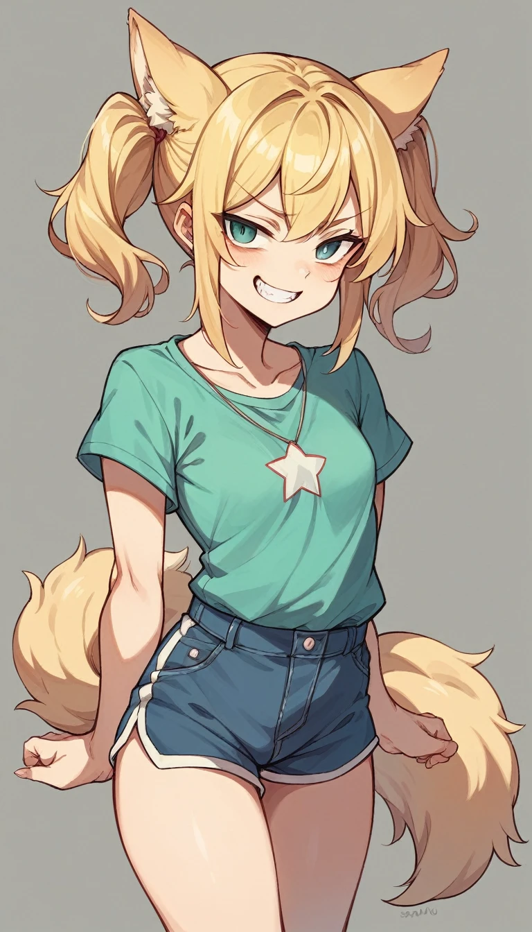One Girl、Slanted Eyes、Cheeky look、Brat、Shorts、Soft calves、Short sleeve、Small breasts、Blonde、Twin tails、、Grin、Canine