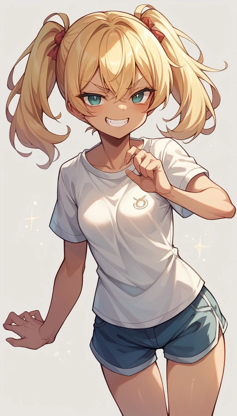 One Girl、Slanted Eyes、Cheeky look、Brat、Shorts、Soft calves、Short sleeve、Small breasts、Blonde、Twin tails、、Grin、Canine