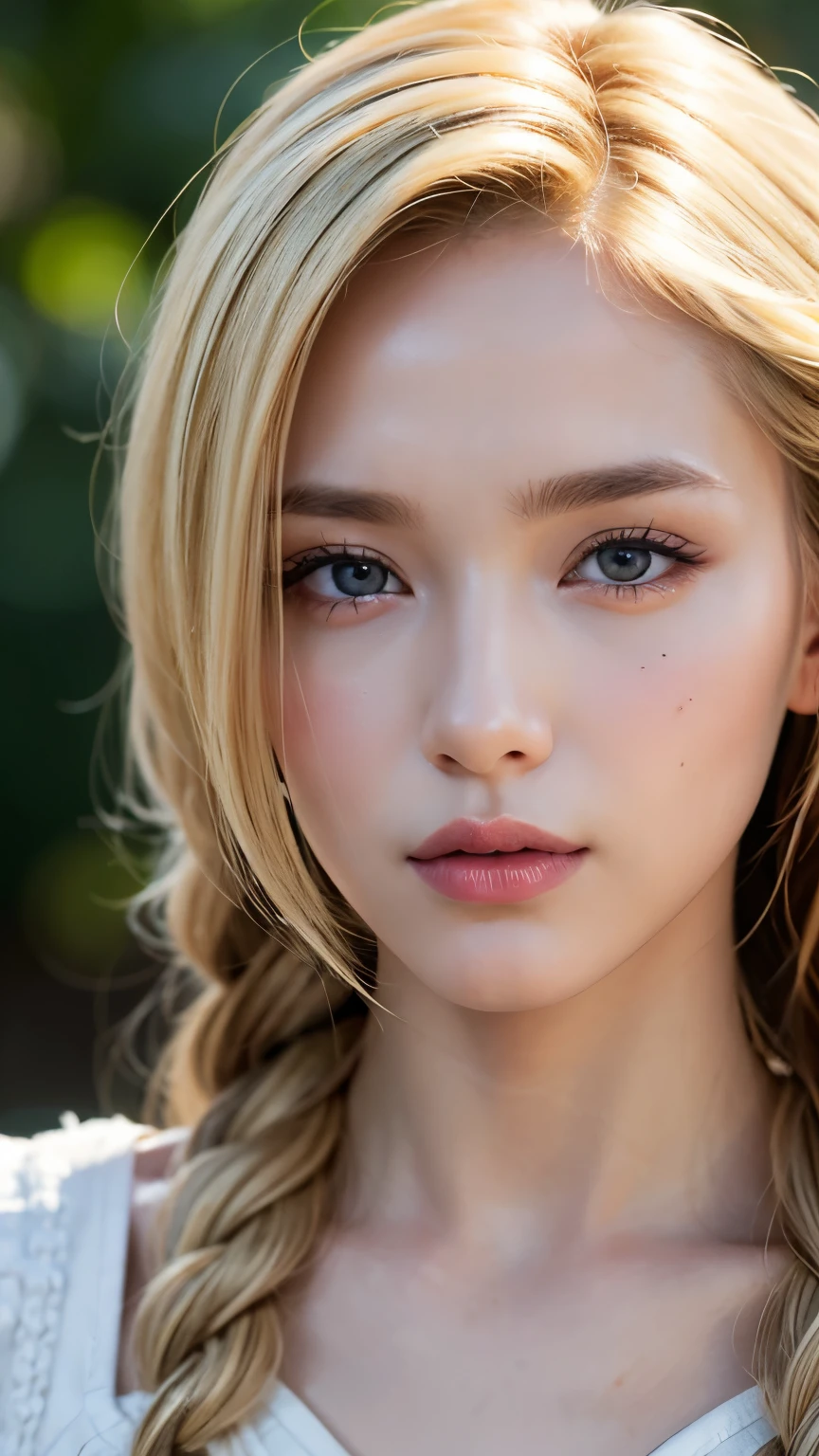 Caucasian model at 16 years old, close-up, masterpiece, best quality, raw photo, photorealistic, face, incredibly ridiculous, beautiful girl, cute, detailed eyes, one knot in braid, depth of field, high resolution, ultra detail, fine detail, very detailed, very detailed eyes and face, sharp pupils, realistic pupils, sharp focus, cinematic lighting , cohesive hairstyle, Blonde, Clean clothing, Face closeup, Masterpiece, Realistic skin texture, Ultra detailed, Lustrous hair and skin