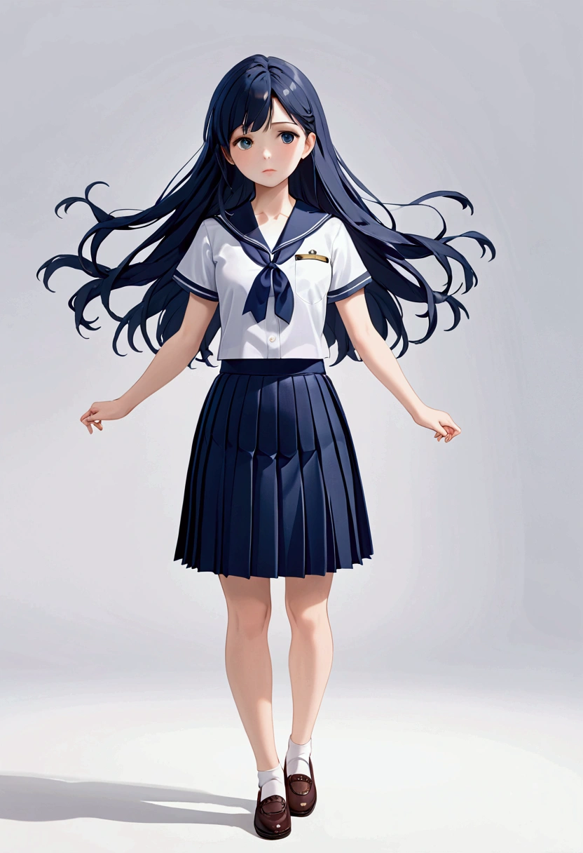 (extremely detailed CG:1.2), (masterpiece:1.2), (best quality:1.2),,((absurdres)),looking at viewer,full body, ,(1girl),solo,(long hair),(mathayom uniform),(white shirt short sleeves),(navy_blue pleated skirt),(long skirt),dynamic angle,standing,dynamic pose,((Delicate facial features)),, 
