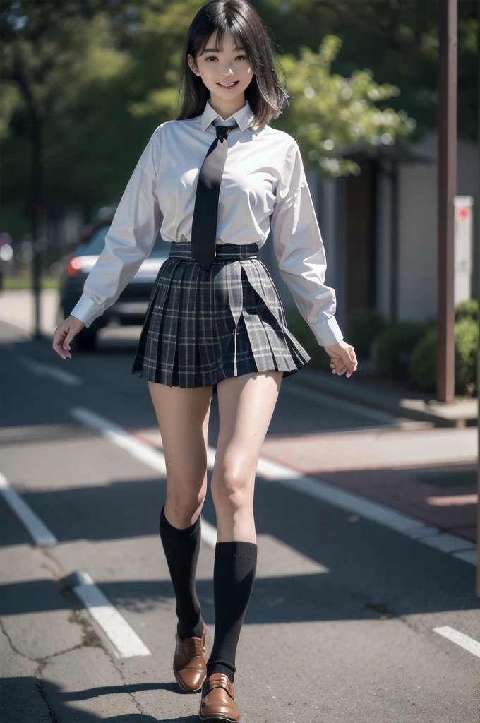 absurdres, 8K raw photo, best quality, ultra high res, 1girl, looking at viewer, natural skin texture, realistic eye and face details, smile, beautiful legs, skinny, slim legs, solo, ageyo sal, JAPANESE girl, sunshine, shiny hair, skirt, loose necktie, socks, shoes, , plaid, plaid skirt, shirt, loafers, knee highs, pleated skirt, full body, black footwear, black socks, realistic, (standing), sunshine, (((depth of field:1.4))), smile, absurdres, , detailed face, detailed eyes, see-through bangs,