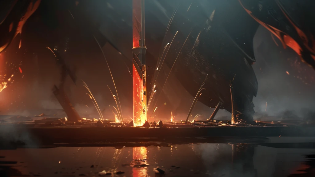 a close-up shot of a puddle of water reflecting a medieval war with fire, rpg style, 4k cinematic flame trailer film, highly detailed, dramatic lighting, realistic medieval weapons and armor, intense battle scene, fiery explosions, glowing embers, moody color palette, volumetric fog, dynamic camera angles, cinematic composition