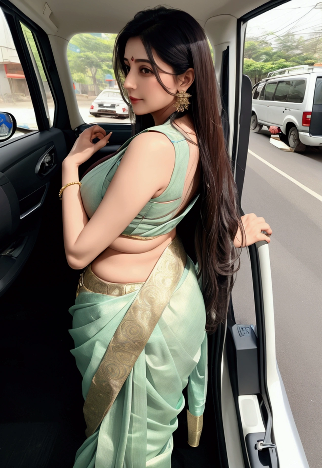 woman age 40-45, thin saree and blouse deep name , big breast, long hair, big booty, style on road , 