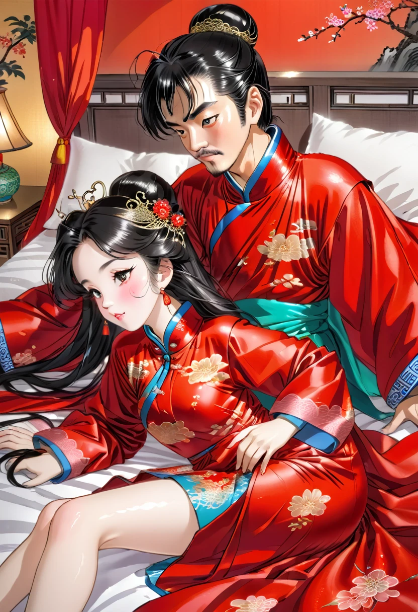 Highly shiny embroidery、Princess in a cheongsam with a crumpled red long-sleeved raincoat、Having sex with the emperor while writhing around on the bed