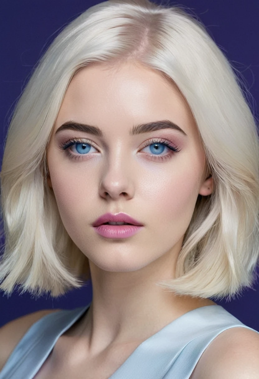 20 year old woman with platinum blonde hair, extremely white skin, semi-arched eyebrow, Oval face, wearing a white Cleopatra style dress, rosy lips, shoulder length hair. blue colored eyes, the ends of the hair are dyed lilac. straight haircut. hair parted in the middle. european  woman. Has a small, thin nose, angelic facial features. Ferocious and serious facial expression