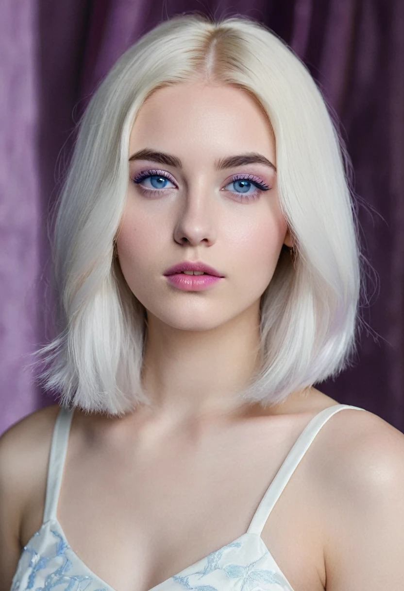 20 year old woman with platinum blonde hair, extremely white skin, semi-arched eyebrow, Oval face, wearing a white Cleopatra style dress, rosy lips, shoulder length hair. blue colored eyes, the ends of the hair are dyed lilac. straight haircut. hair parted in the middle. european woman. Has a small, thin nose, angelic facial features. Ferocious and serious facial expression