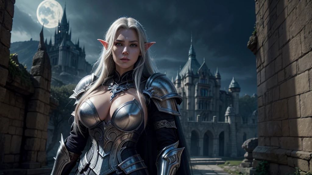 a female dark elf in armor in front of a castle, Vigo, the Carpathian, picture of an adult female warrior, female warrior, Epic Fantasy Character Art, portrait of female god svarog, silver-skinned female elf, epic and exquisite character art, photo of a female cleric, sylas, Arthas Menethil, beautiful female god of death