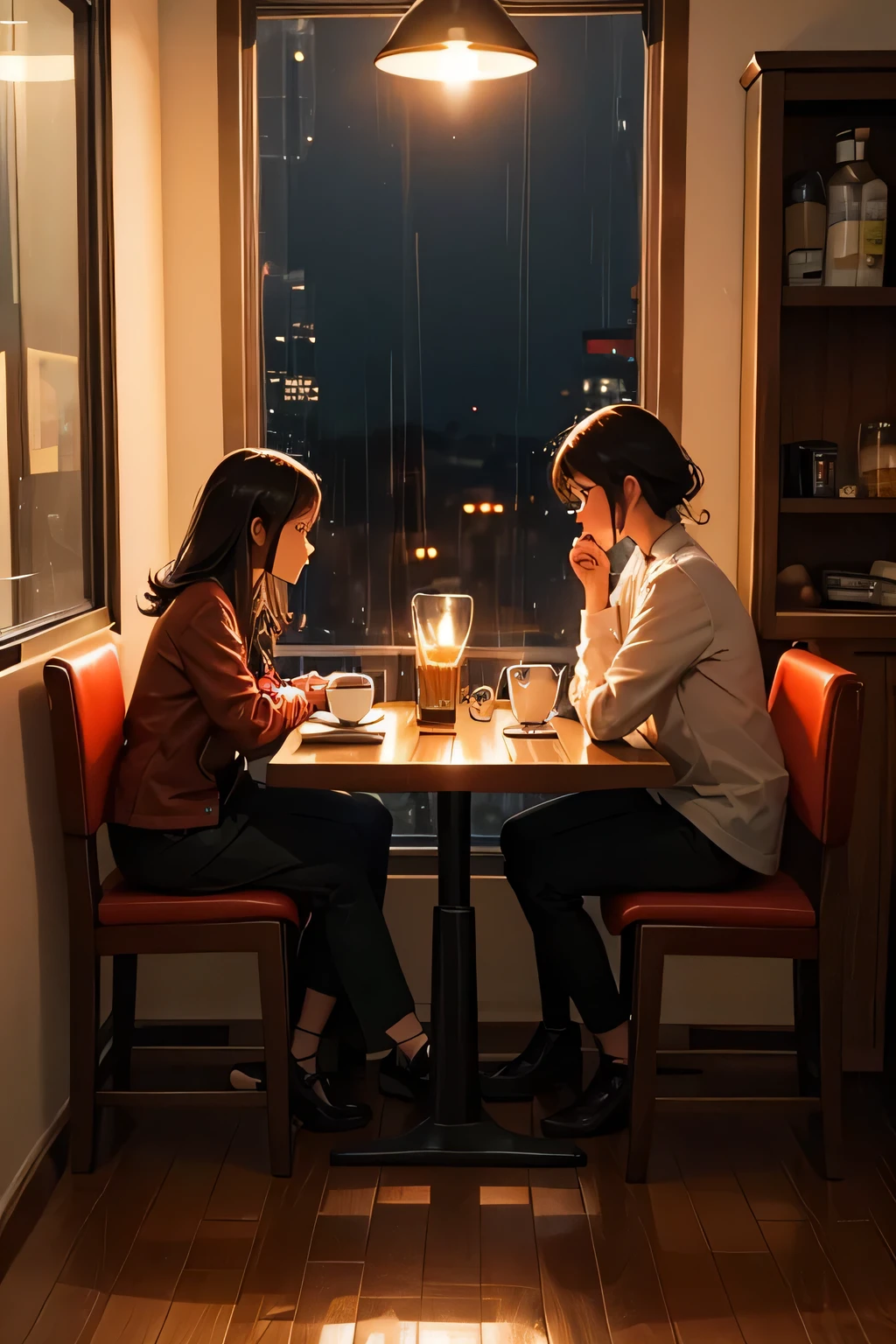 A small caffe with a window view with candle light with two cup of hot coffee on a rainy day which can be seen through the window