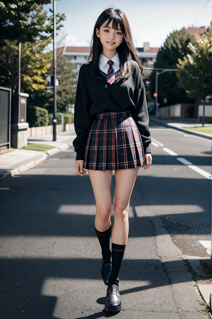 absurdres, 8K raw photo, best quality, ultra high res, 1girl, looking at viewer, natural skin texture, realistic eye and face details, smile, beautiful legs, skinny, slim legs, solo, ageyo sal, JAPANESE girl, sunshine, shiny hair, skirt, loose necktie, socks, shoes, , plaid, plaid skirt, shirt, loafers, knee highs, pleated skirt, full body, black footwear, black socks, realistic, (standing), sunshine, (((depth of field:1.4))), smile, absurdres, , detailed face, detailed eyes, see-through bangs,