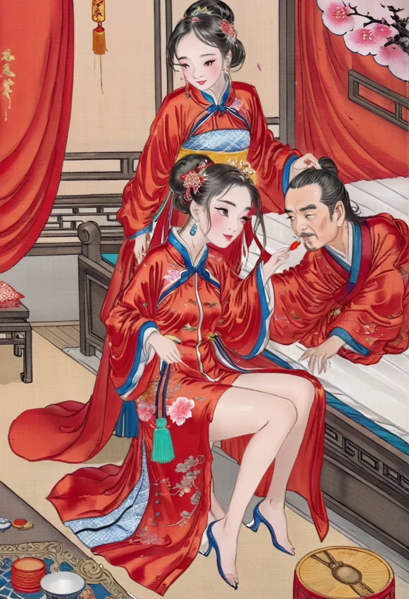 Highly shiny embroidery、Princess in a cheongsam with a crumpled red long-sleeved raincoat、Having sex with the emperor while writhing around on the bed