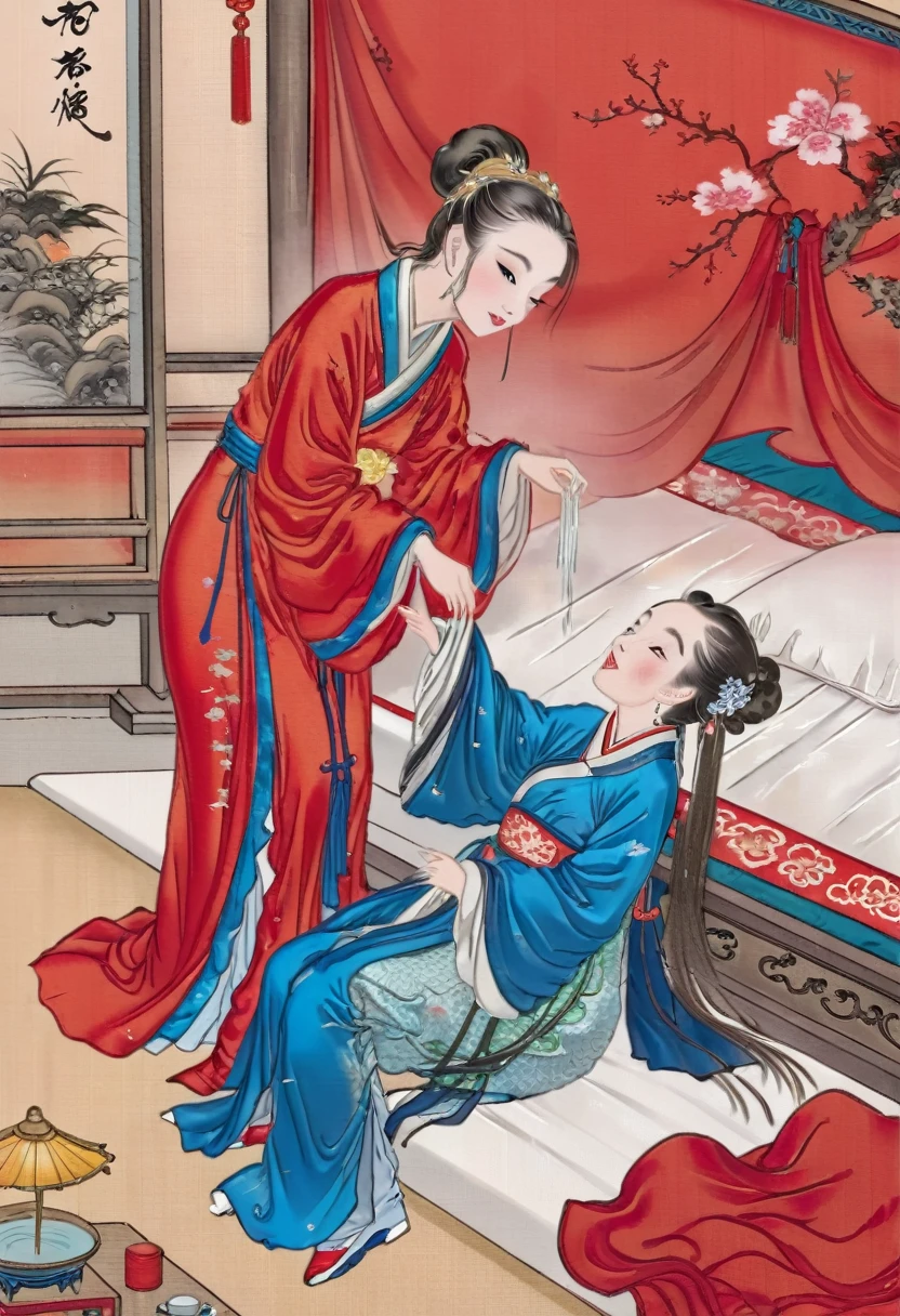 Highly shiny embroidery、Princess in a cheongsam with a crumpled red long-sleeved raincoat、Having sex with the emperor while writhing around on the bed