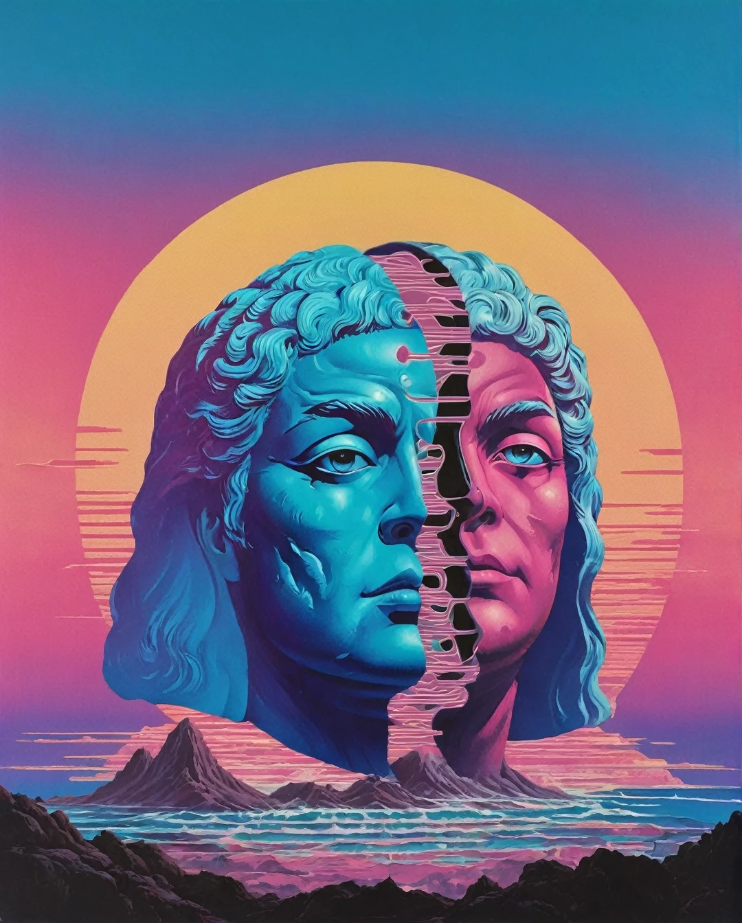 vaporwave grotesque aesthetic,High saturation color,David bust sculpture head and body separated, Doubleexposure, Commodity Ocean News,High saturation color,futuristic city, English title,fantasy, matrix, desert, Ocean, pyramid,Close-up of retro screen,coconut tree,24th century,Strong psychedelic colors and retro-future decadence,Distressing and stylization, illusory、collage、No order,dystopian、lo-fi、sample fusion jazigital、chip tune、glitch art、futuristic、vintage、dematerialized art、retro technology、surreal,vaporwave nostalgia, very vaporwave, maximalist vaporwave, vaporwave, vaporwave!, vaporwave aesthetics, cyberpunk vaporwave, 90s aesthetic, vaporwave art, 90s aesthetic, 90's aesthetic, hip hop vaporwave, vaporwave aesthetic, vaporwave cartoon, wizard, in the style ofcolorful moebius, cosmic horror,trompe-l'œil illusionistic detail,dark aquamarine, sleepycore , Dan Mumford, art style by Frank Frazetta, art style by Moebius