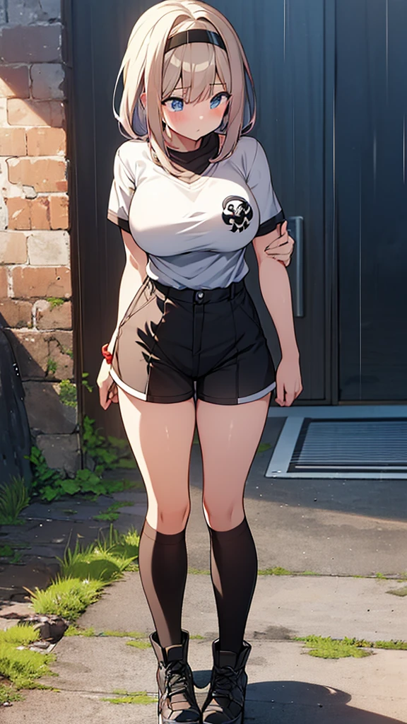 Full body image, front, One girl, 18-year-old, Mix 4, (32K, RAW Photos, Highest quality, masterpiece:1.2), (Anime-like, photoAnime-like:1.37), cute, Short sleeve T-shirt,Shorts,Black knee socks, night, rain, Humidity, Professional Lighting, Photon Mapping, Radio City, Physically Based Rendering, Super Resolution, (Big Breasts:1.2), {{The biological weapon that had preyed on the younger sister took her place and reunited with the older brother, The rebellious little sister has become the obedient little sister}}, Girl Skull, whole body, NSFW