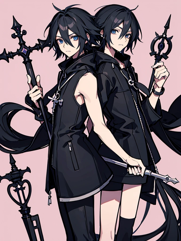 1 Black man, kingdom Hearts style, long sweet a capuche, with keyblade