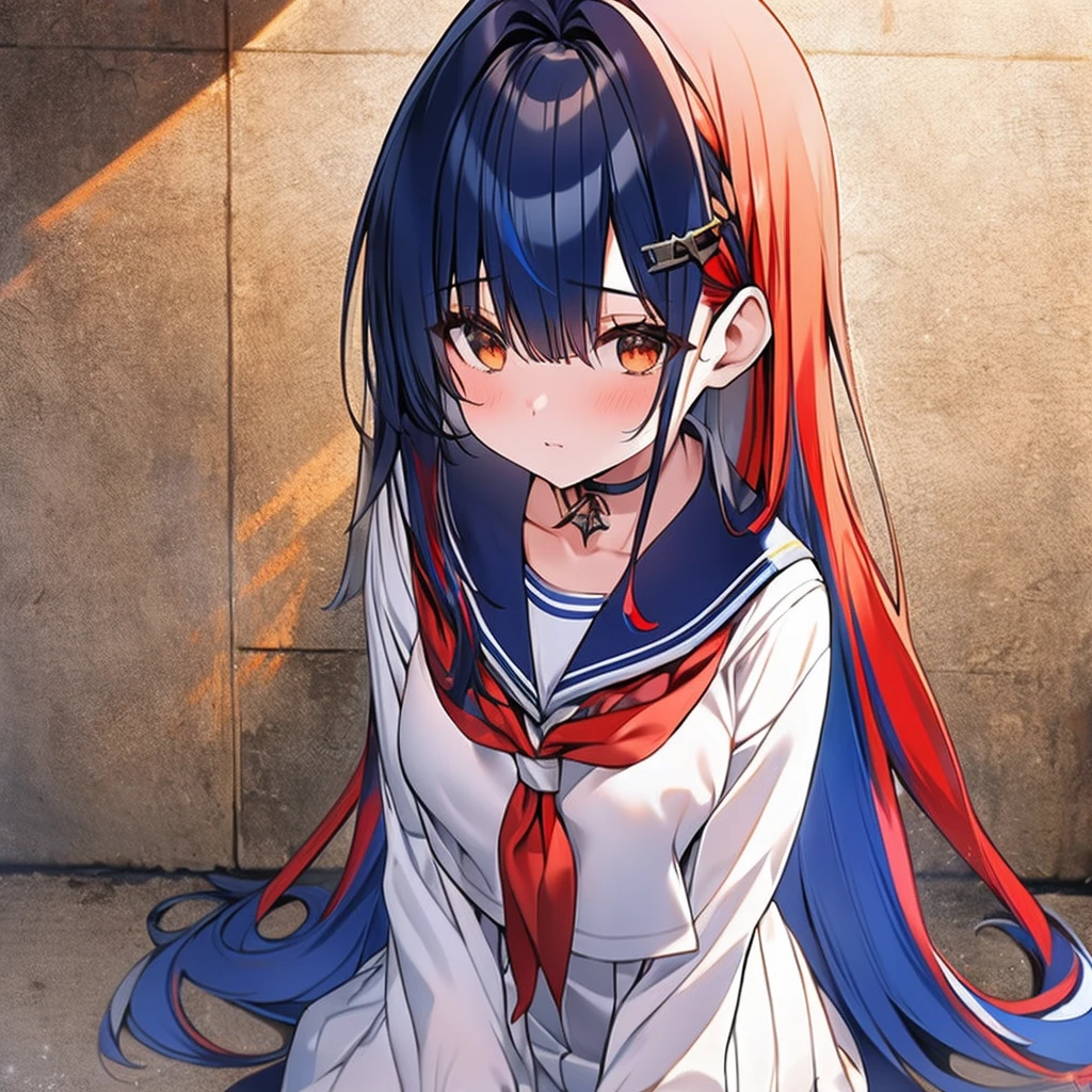 masutepiece++, Best Quality++, ultra-definition++, ultra-definition++, rey tracing, 4K or more++, 8K or more++, Slight details, (Background Focus )++,Young woman with golden laurel wreath, (((Ultramarine hair))), (((White dip dyed hair))), (((red streaked hair))),sailor,Sailor collar,White shirt, skirt by the,anchor,