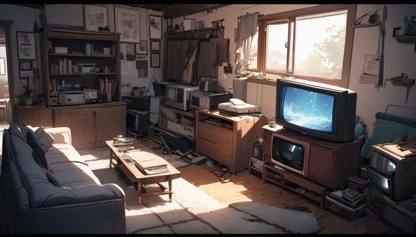 inside a warm and non-modern house with an old CRT tv and old sofas, all the stuffs are old but clean, it's day time and a god ray is coming inside the house through window.