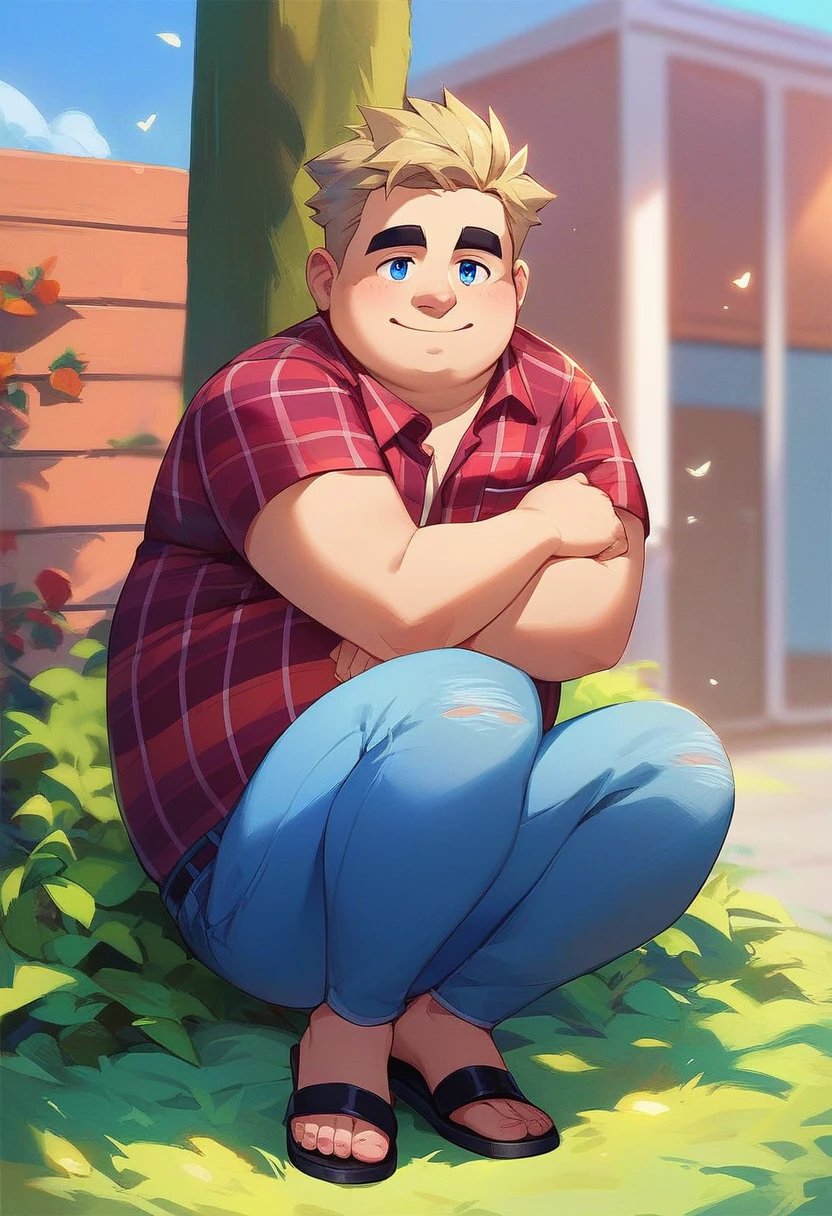 atso, 1boy, full body, solo, fat man, dirty blonde hair, blue eyes, black eyebrows, plaid shirt, black sandals, blue jean shorts