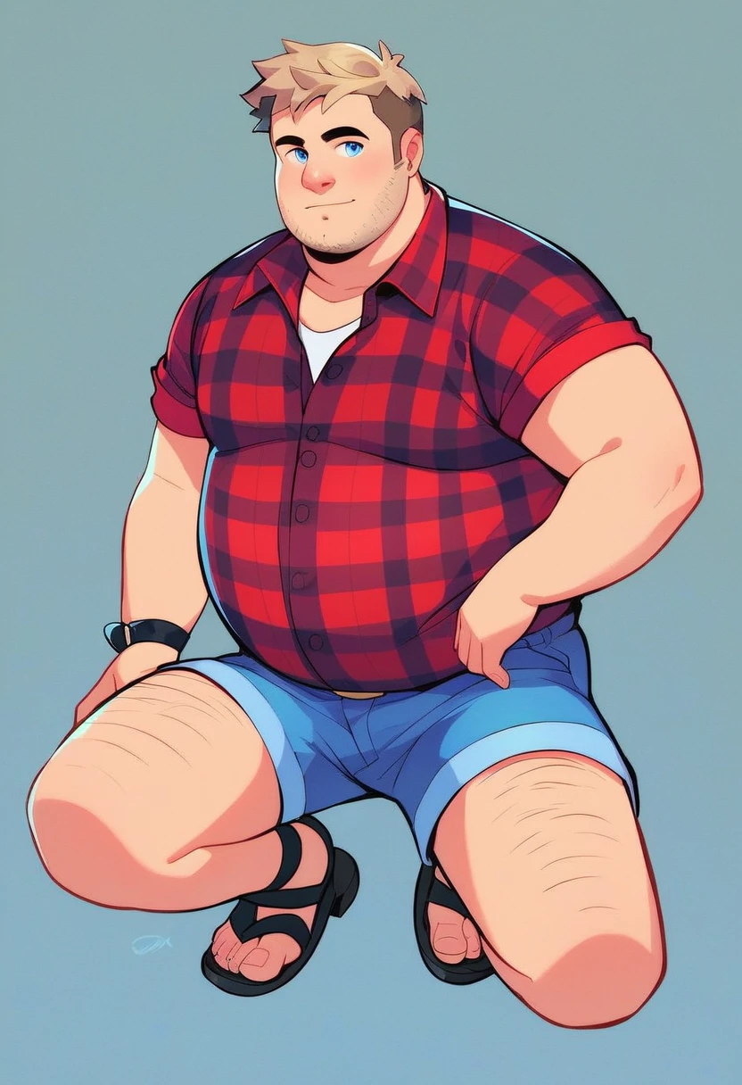 atso, 1boy, full body, solo, fat man, dirty blonde hair, blue eyes, black eyebrows, plaid shirt, black sandals, blue jean shorts