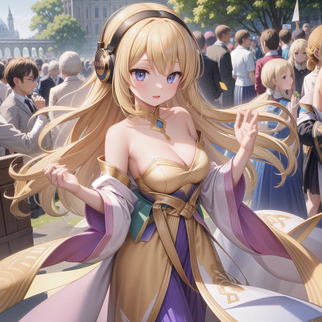 Beauty DJ,headphone,Distant shots,Godley,Blonde,Delicate fingers,Five Fingers,Delicate facial features,wearing gorgeous costume,Outdoor festival venue,Perfect buildings,From the audience's perspective,Seen from afar,4K,masterpiece,high quality,