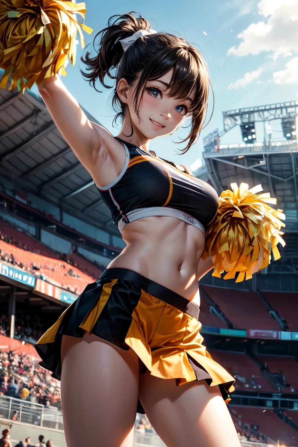 very cute and beautiful cheerleader girl,(highly detailed beautiful face),holding pom poms,(smile:1.3),happy, (stadium stands),cowboy shot,dynamic pose,(from below),(sleeveless orange cheerleader shirt),beautiful legs, looking at viewer,black hair,ribbon, (best quality,masterpiece),absurdres,highres,ultra-detailed,extremely detailed,32k,8k resolution, intricate details,cinematic scene,detailed background,solo,dynamic angle, hair fluttering in the wind,beautiful detailed sky,