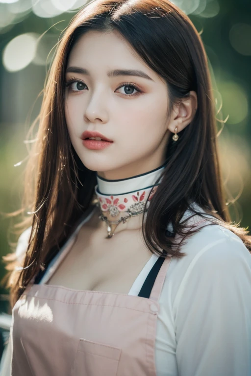 (Best quality, 8k, masterpiece: 1.3), a beautiful woman with perfect figure: 1.4, dark brown hair, wearing choker, wearing pink apron, in the Alice farified , highly detailed face and skin, detailed eyes, double eyelids, big breasts, bokeh, praturing2, cowboy_shot)