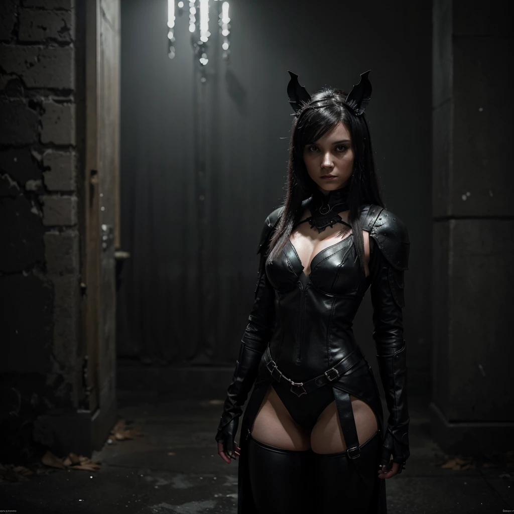 In the dark, a bat-girl dressed in black stands alone in an illustrator-style setting. She is surrounded by a background of deep silver and light red, creating a sense of fantasy. The details of the characters are rich, realistic and vivid, she is a knight core, posture fortitude. The low-resolution painting style shows a lot of detail and quality, and the picture also contains elements of aurora punk. The whole picture is full of mystery and fantasy.