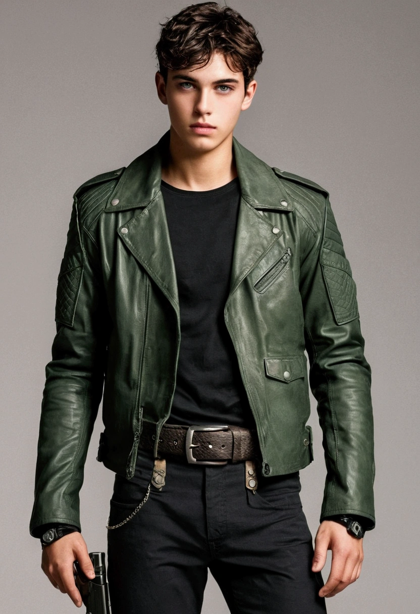 At 19 years old, Algust is a young man of average height and athletic body., with short, dark hair punctuated by gray highlights, piercing green eyes that give him an enigmatic air, and a thin scar on his left eyebrow that suggests a past of battles. He wears functional and modern clothes, including a reinforced leather jacket with metallic details and durable fabric pants, ideal for action. A tactical belt carries your weapons and gadgets, and an old bracelet, a reminder of his past, completes the look. Mediovale
