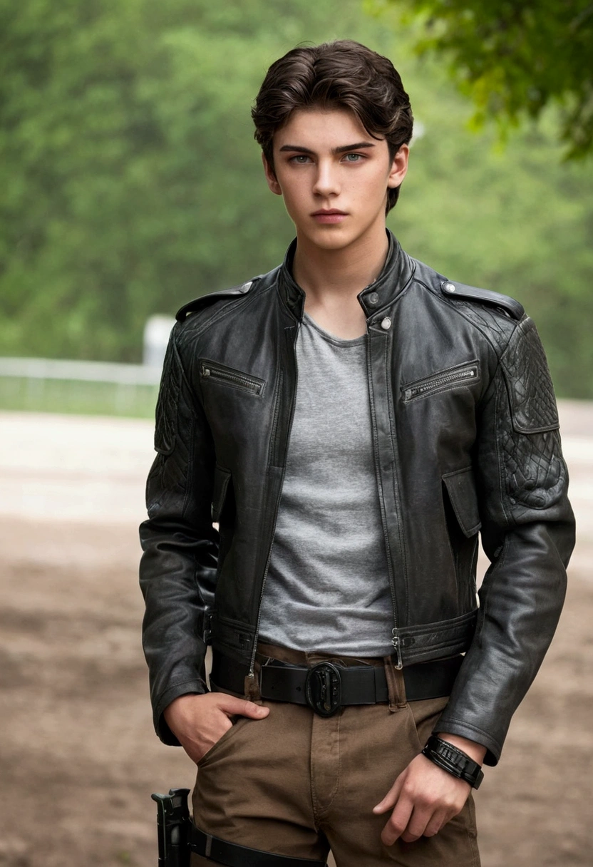 At 19 years old, Algust is a young man of average height and athletic body., with short, dark hair punctuated by gray highlights, piercing green eyes that give him an enigmatic air, and a thin scar on his left eyebrow that suggests a past of battles. He wears functional and modern clothes, including a reinforced leather jacket with metallic details and durable fabric pants, ideal for action. A tactical belt carries your weapons and gadgets, and an old bracelet, a reminder of his past, completes the look. Mediovale