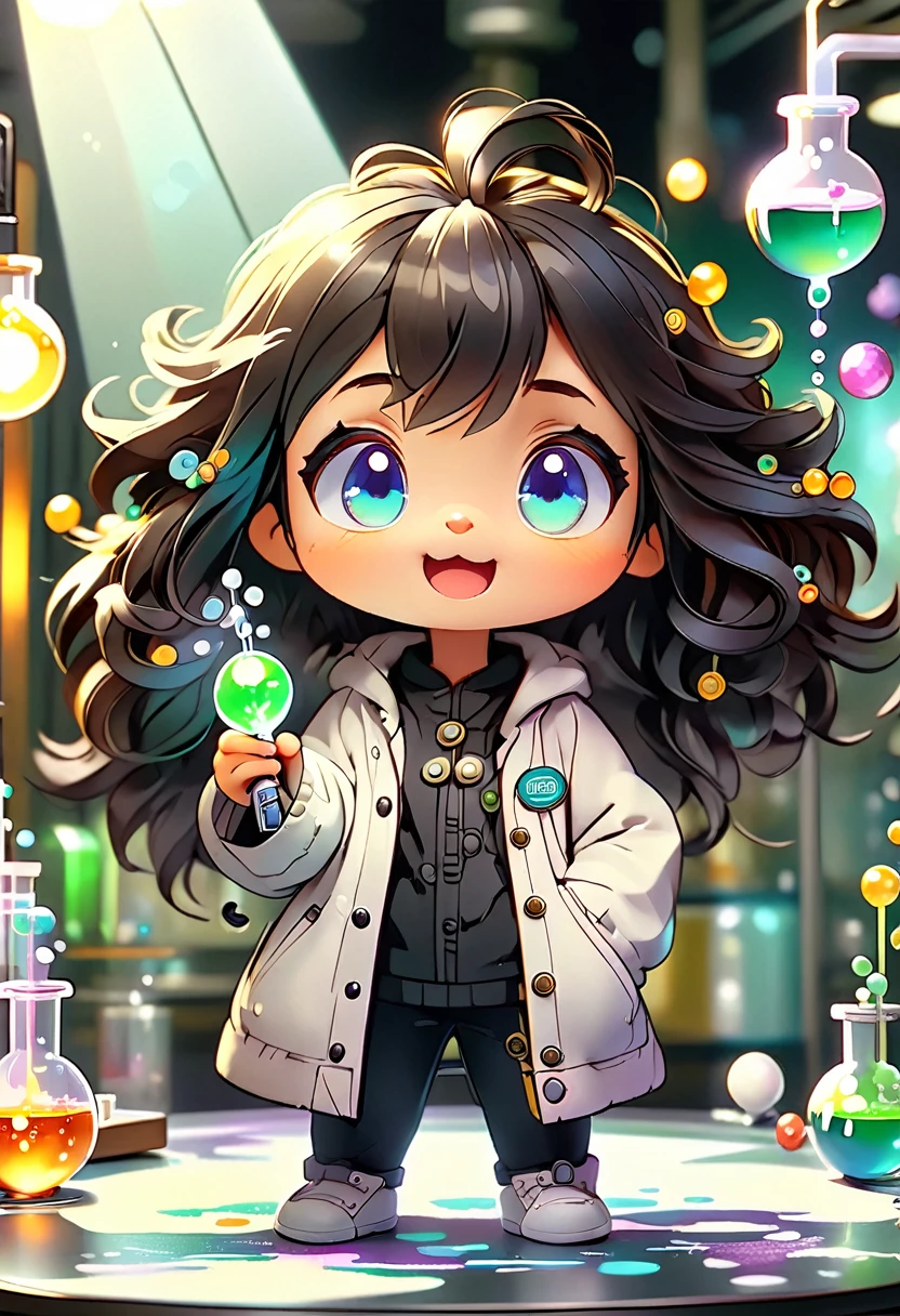 Baby Chibi MASCOT, atoms, Molecules , has black hair , character features , Blind box style and model with popular market style, The sunlight shines, , hyper qualit, sharp features, Resolução ultra HD e 8K,Cool Hand Drawn Illustration，fly away (Inside Out Disgusting), Create a series of best quality cute chibi dolls,ultra detali,realisitic,Science Laboratory,Chemical experiment,ultra HD, chemical equipment,scientists working,cups,UHD Bunsen burner ,Microscope,laboratory glassware,measuring cylinders,labcoats,NERD ROUND Glasses ,science books,Periodic table,scientific research,discoveries,new inventions,innovation,apprenticeship,education,Scientific culture wears coat with details of buttons and brooches , her coat is charming and cute with ultra chemical details ,Curiosidade,Technological advancements,swirly vibrant colors,soft lighting,modern laboratory,nerdy atmosphere,laboratory instruments,hypothesis testing,Scientific method,symbolic representation,Critical thinking,experiments ,precision,precision,details Intricate,impressive scientific setup,natural elements,exploration of the mysteries of science,unlocking the secrets of nature. Baby chibi is happy and excited, remember to use chemical laboratory glassware, The chalk board behind the cute chibi baby is written the structure of caffeine in white chalk 18K UHD