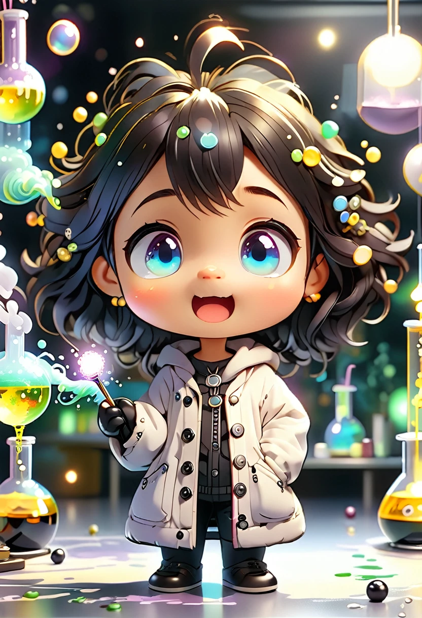 Baby Chibi MASCOT, atoms, Molecules , has black hair , character features , Blind box style and model with popular market style, The sunlight shines, , hyper qualit, sharp features, Resolução ultra HD e 8K,Cool Hand Drawn Illustration，fly away (Inside Out Disgusting), Create a series of best quality cute chibi dolls,ultra detali,realisitic,Science Laboratory,Chemical experiment,ultra HD, chemical equipment,scientists working,cups,UHD Bunsen burner ,Microscope,laboratory glassware,measuring cylinders,labcoats,NERD ROUND Glasses ,science books,Periodic table,scientific research,discoveries,new inventions,innovation,apprenticeship,education,Scientific culture wears coat with details of buttons and brooches , her coat is charming and cute with ultra chemical details ,Curiosidade,Technological advancements,swirly vibrant colors,soft lighting,modern laboratory,nerdy atmosphere,laboratory instruments,hypothesis testing,Scientific method,symbolic representation,Critical thinking,experiments ,precision,precision,details Intricate,impressive scientific setup,natural elements,exploration of the mysteries of science,unlocking the secrets of nature. Baby chibi is happy and excited, remember to use chemical laboratory glassware, The chalk board behind the cute chibi baby is written the structure of caffeine in white chalk 18K UHD