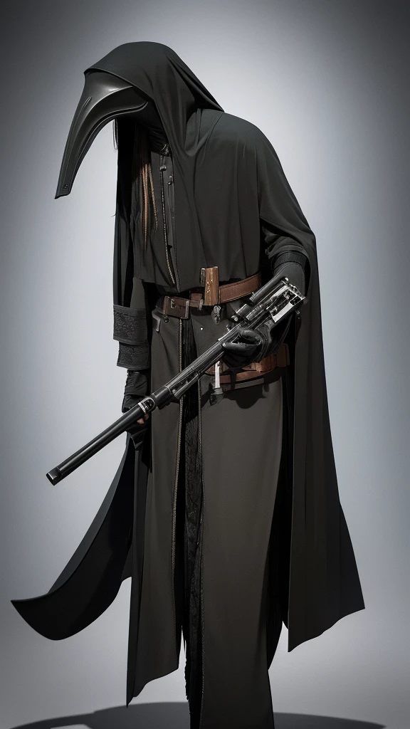 plague doctor mask with long hair and a shotgun