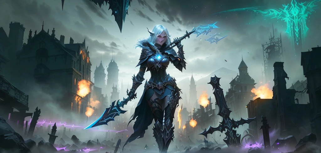 blurred image of a woman with a sword in a city, death knight, death knight, Holy Cyborg Necromancer Girl, sylvanas windrunner, world of warcraft art style, female necromancer, Diablo digital concept art, Epic fantasy digital art style, Drow Ranger, fantasy paladin woman, necromancer sorceress
