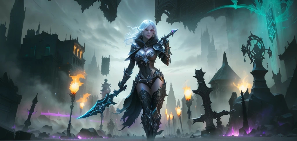 blurred image of a woman with a sword in a city, death knight, death knight, Holy Cyborg Necromancer Girl, sylvanas windrunner, world of warcraft art style, female necromancer, Diablo digital concept art, Epic fantasy digital art style, Drow Ranger, fantasy paladin woman, necromancer sorceress